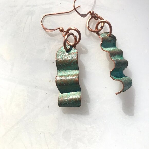 Solid Copper Patina Green Verdigris Earrings Drop Dangle Form Folded Brutalist - Picture 3 of 11